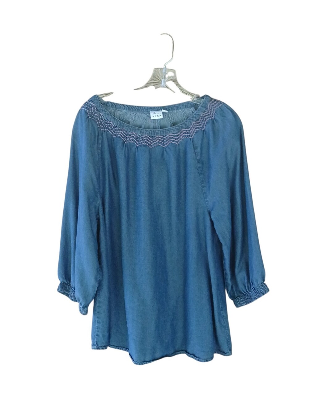 Mira Denim Blue Raglan Balloon Sleeve Peasant Blouse Medium